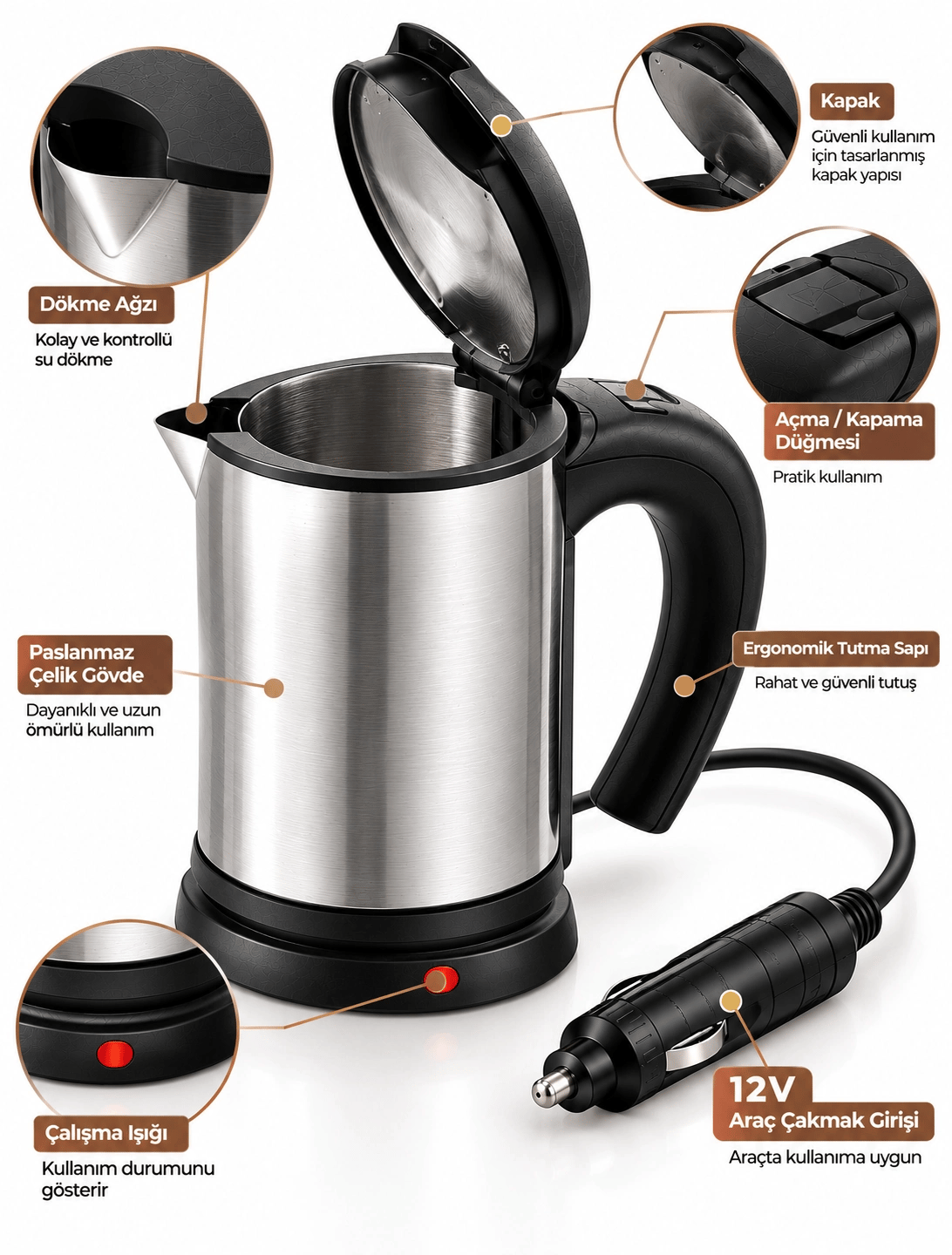 12V Araç Çakmak Girişli Paslanmaz Çelik Araç İçi Su Isıtıcı Seyahat Tipi Kettle