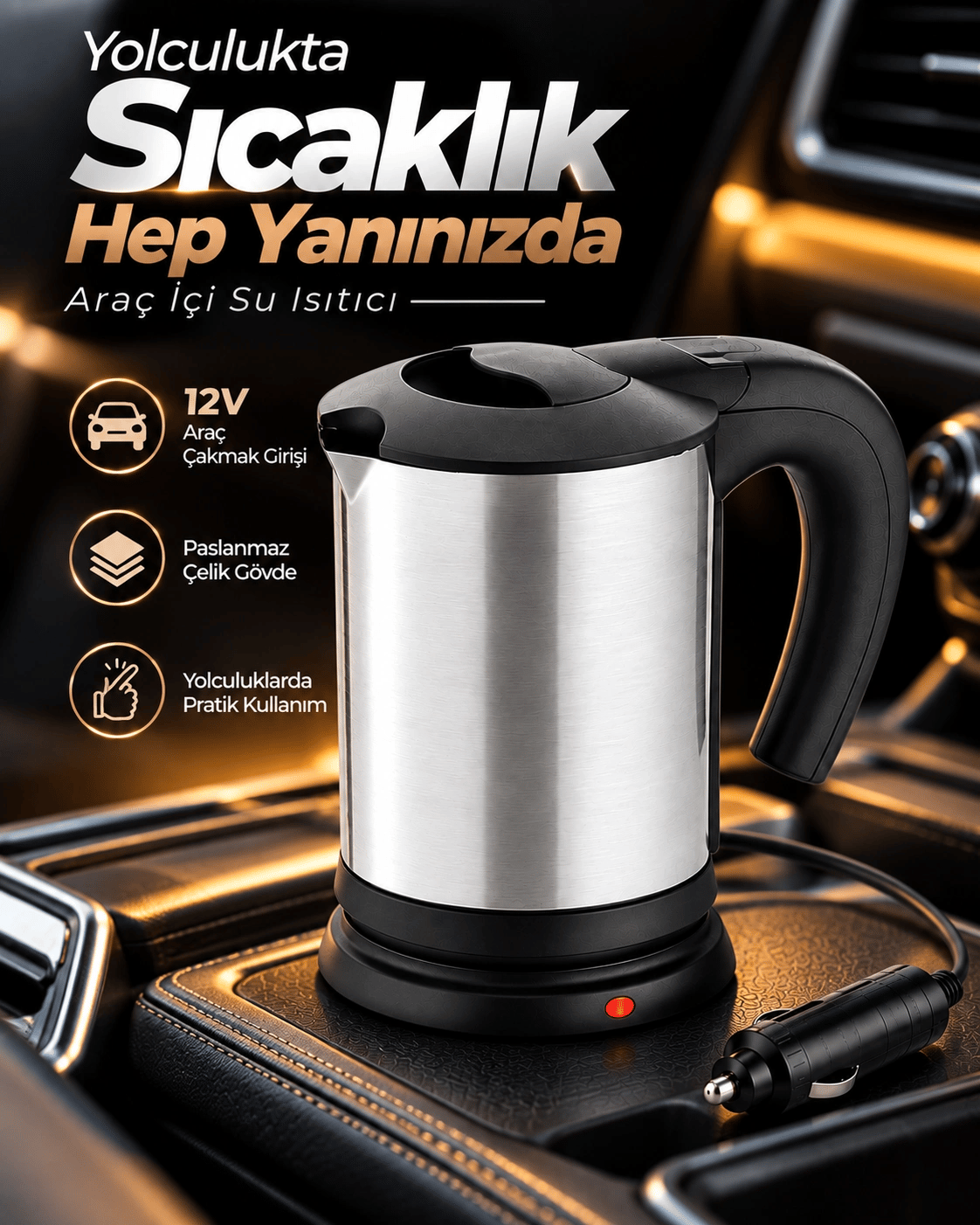 12V Araç Çakmak Girişli Paslanmaz Çelik Araç İçi Su Isıtıcı Seyahat Tipi Pratik Kettle