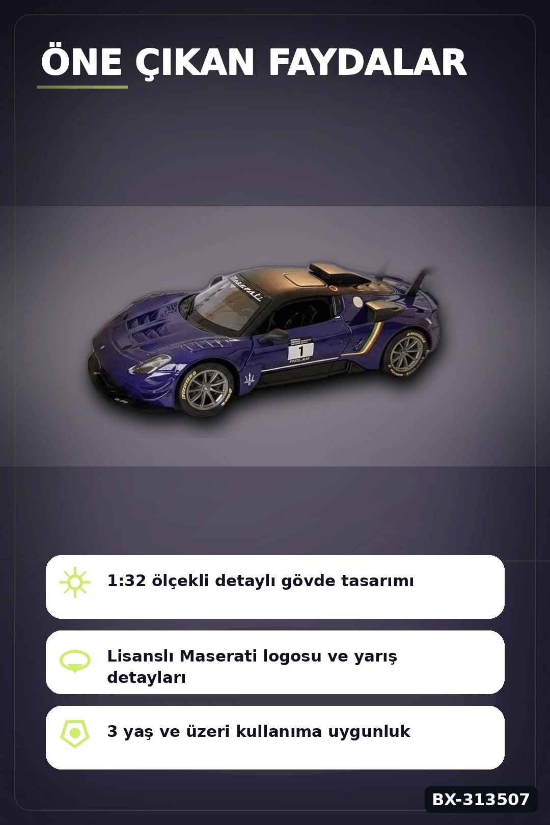 1:32 Ölçekli Maserati GT2 Çek Bırak Araba - Lisanslı Model, 1 Adet Oyuncak Araba BX-313507
