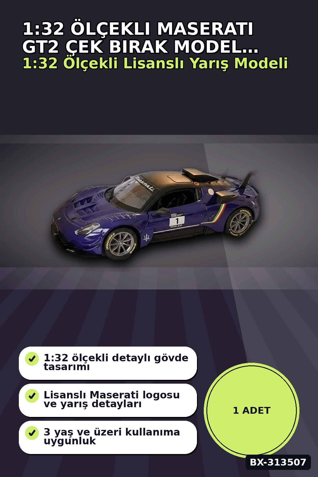 1:32 Ölçekli Maserati GT2 Çek Bırak Araba - Lisanslı Model, 1 Adet Oyuncak Araba BX-313507