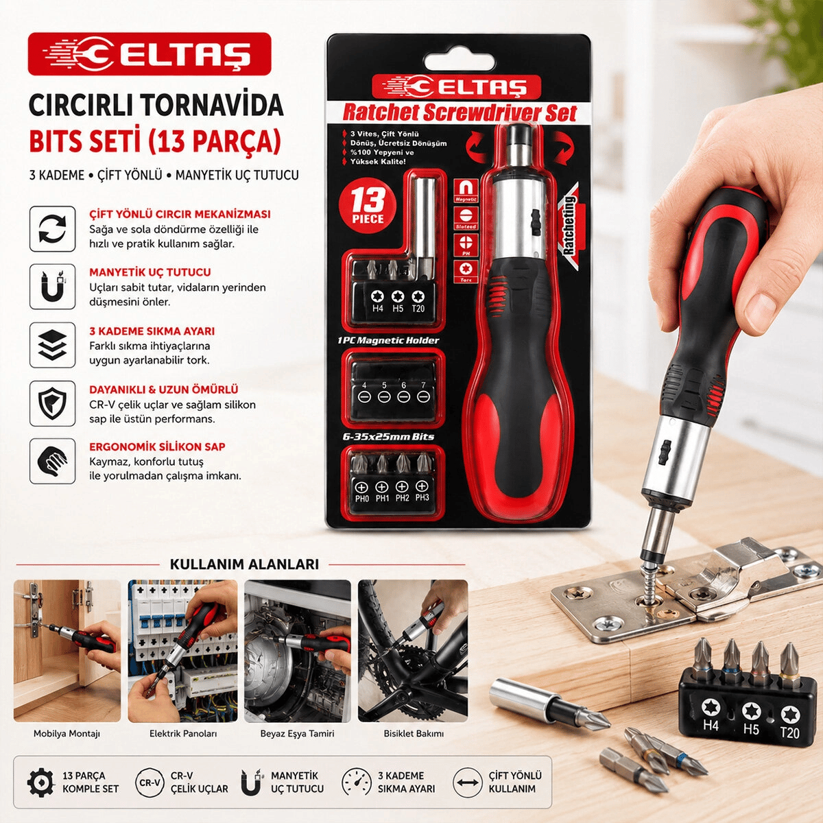 13pcs Silikon Sap - Cr-v Cırcırlı Tornavida Bits Seti 3 Kademe - Çift Yönlü - Manyetik Uç Tutucu Bx40