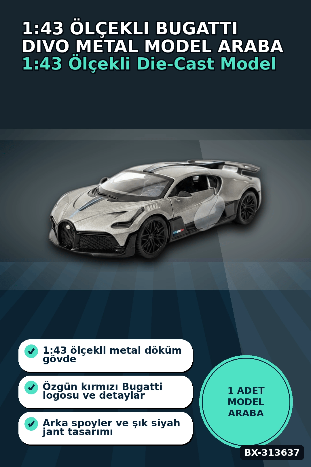 1:43 Ölçekli Bugatti Divo Lisanslı Metal Model Araba - Çek Bırak Oyuncak BX-313637