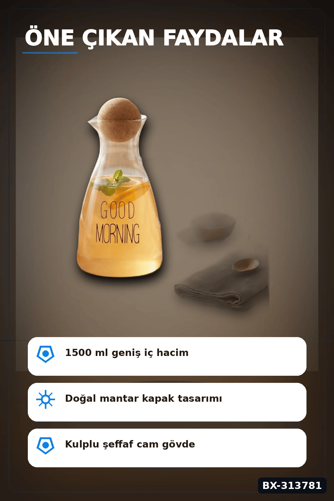 1500 Ml Yuvarlak Mantar Kapaklı Cam Sürahi - Good Morning Yazılı - Bulaşık Makinesi Uyumlu BX-313781