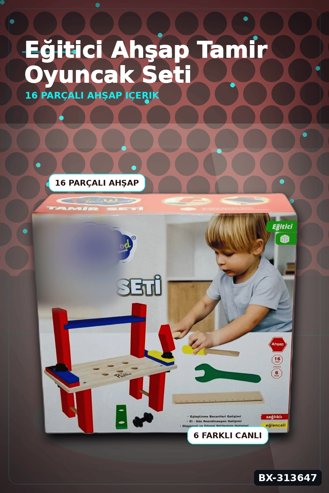 16 Parça Renkli Ahşap Tamir Seti Kutusu 31.5x14x29 cm Çocuk Eğitici Oyuncak BX-313647