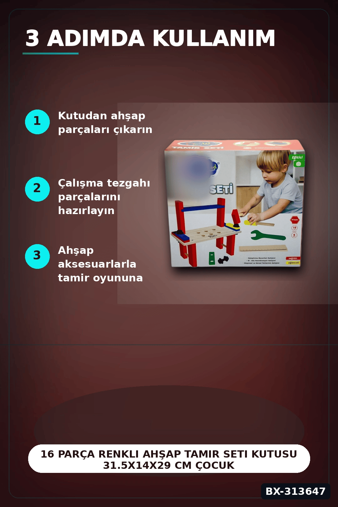 16 Parça Renkli Ahşap Tamir Seti Kutusu 31.5x14x29 cm Çocuk Eğitici Oyuncak BX-313647