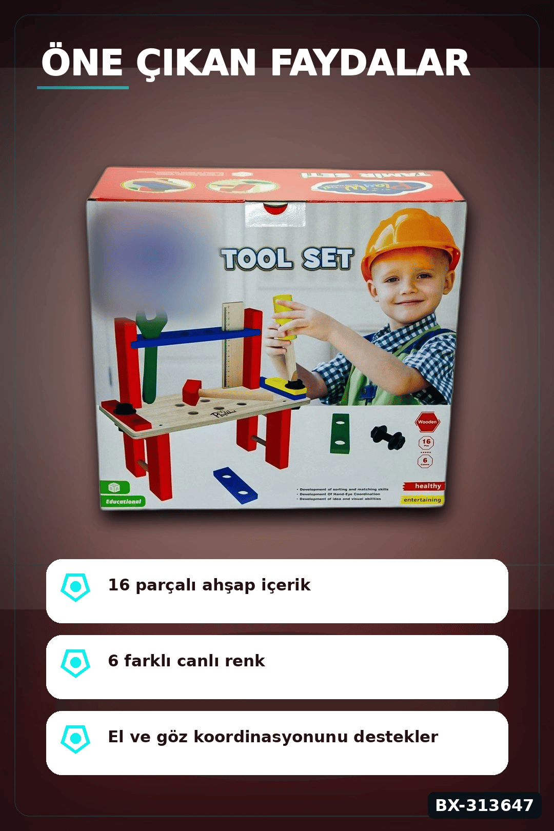 16 Parça Renkli Ahşap Tamir Seti Kutusu 31.5x14x29 cm Çocuk Eğitici Oyuncak BX-313647