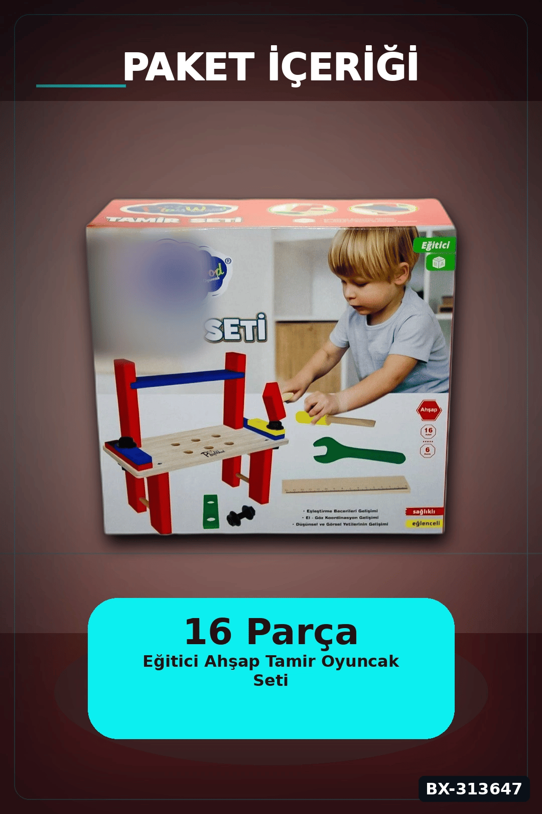 16 Parça Renkli Ahşap Tamir Seti Kutusu 31.5x14x29 cm Çocuk Eğitici Oyuncak BX-313647