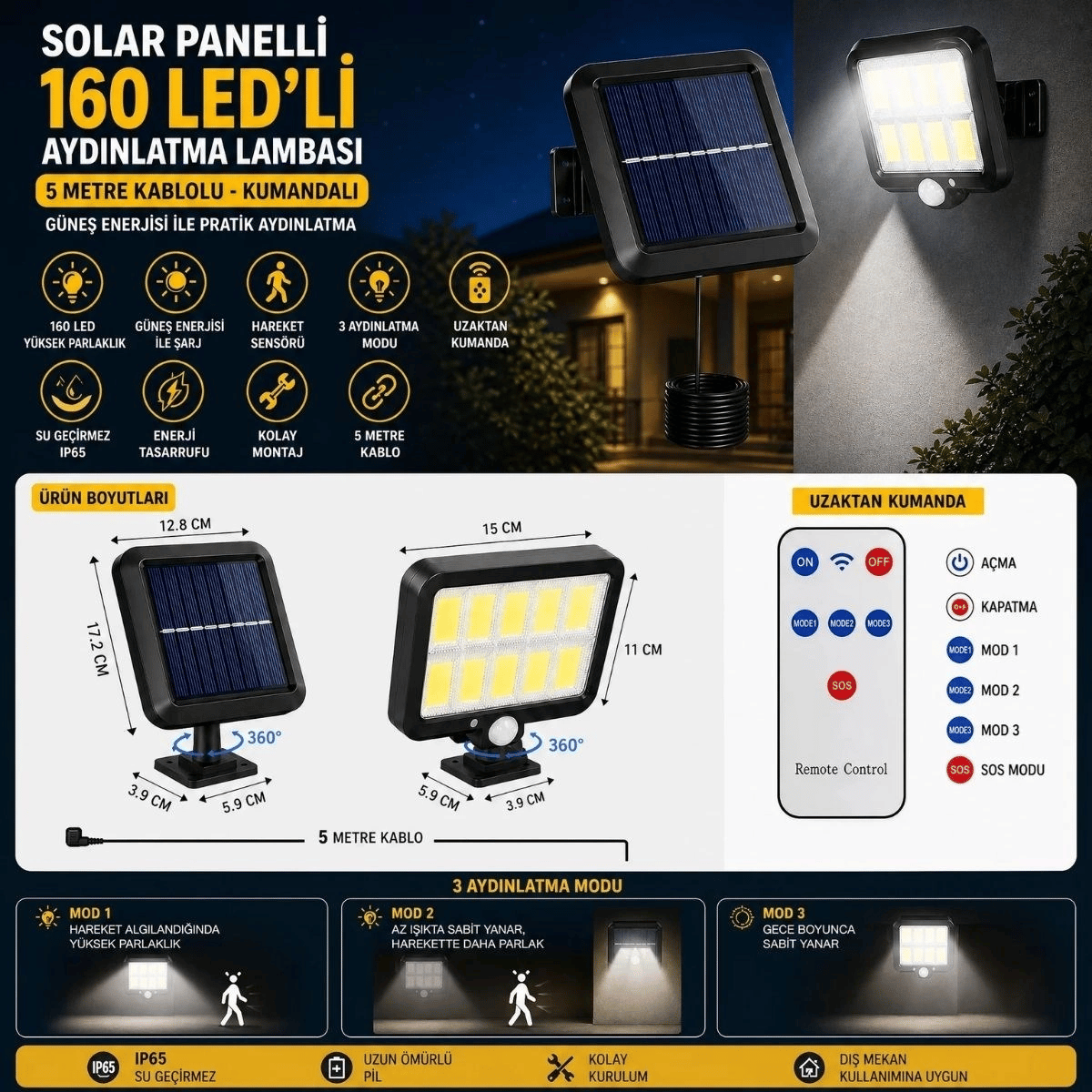 160 Led Solar Bahçe Aydınlatması, 6'lı Güneş Panelli Led Lamba, 5 Metre Kablolu Ve Kumandalı Bx40