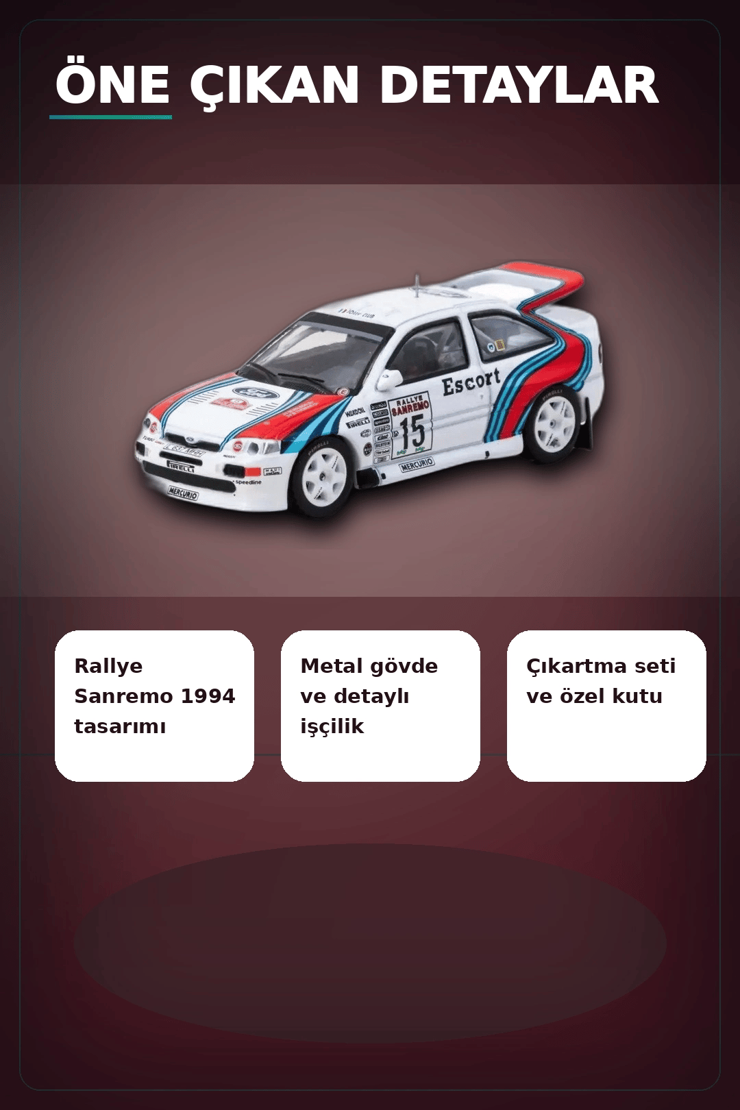 1/64 Metal Ford Escort RS Cosworth WRC 1994 Sanremo Maketi - Koleksiyonluk Model BX-313345