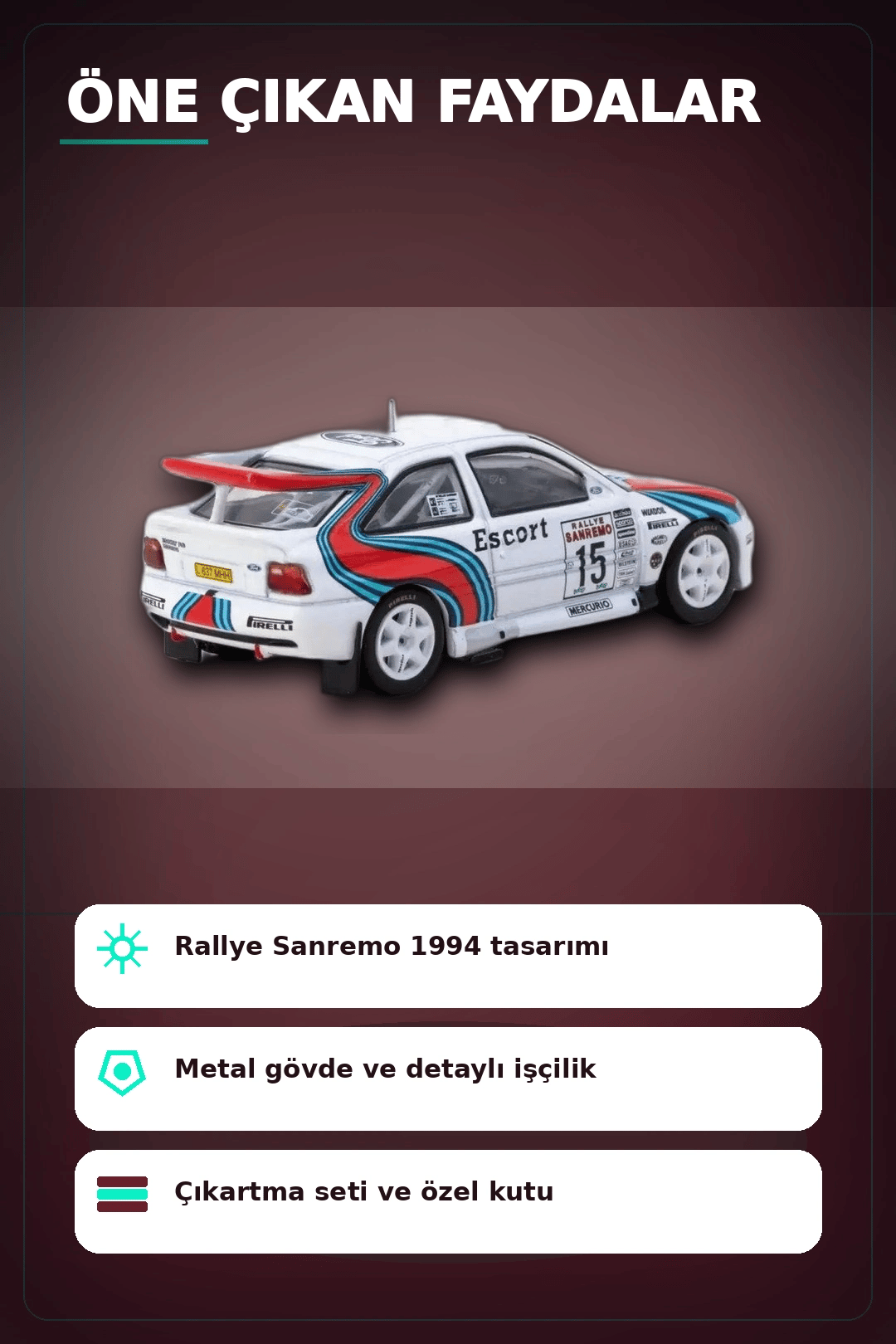 1/64 Metal Ford Escort RS Cosworth WRC 1994 Sanremo Maketi - Koleksiyonluk Model BX-313345