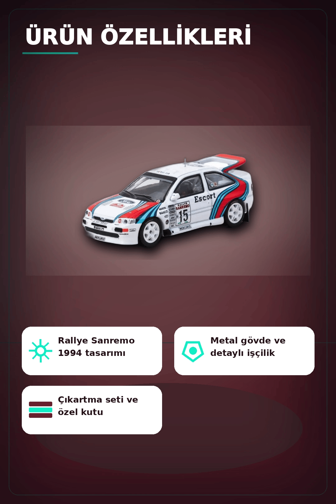 1/64 Metal Ford Escort RS Cosworth WRC 1994 Sanremo Maketi - Koleksiyonluk Model BX-313345