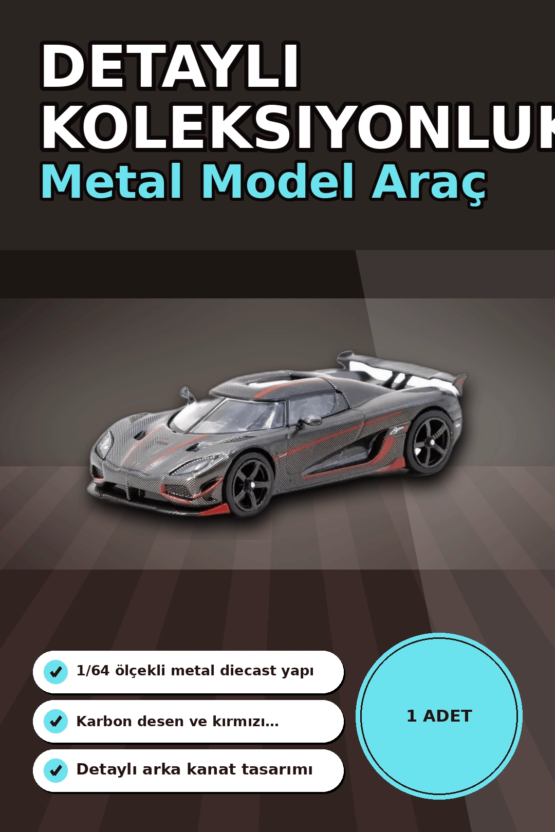 1/64 Siyah Karbon Fiber Kırmızı Detaylı Koenigsegg Agera RS Diecast Model Araba BX-313337