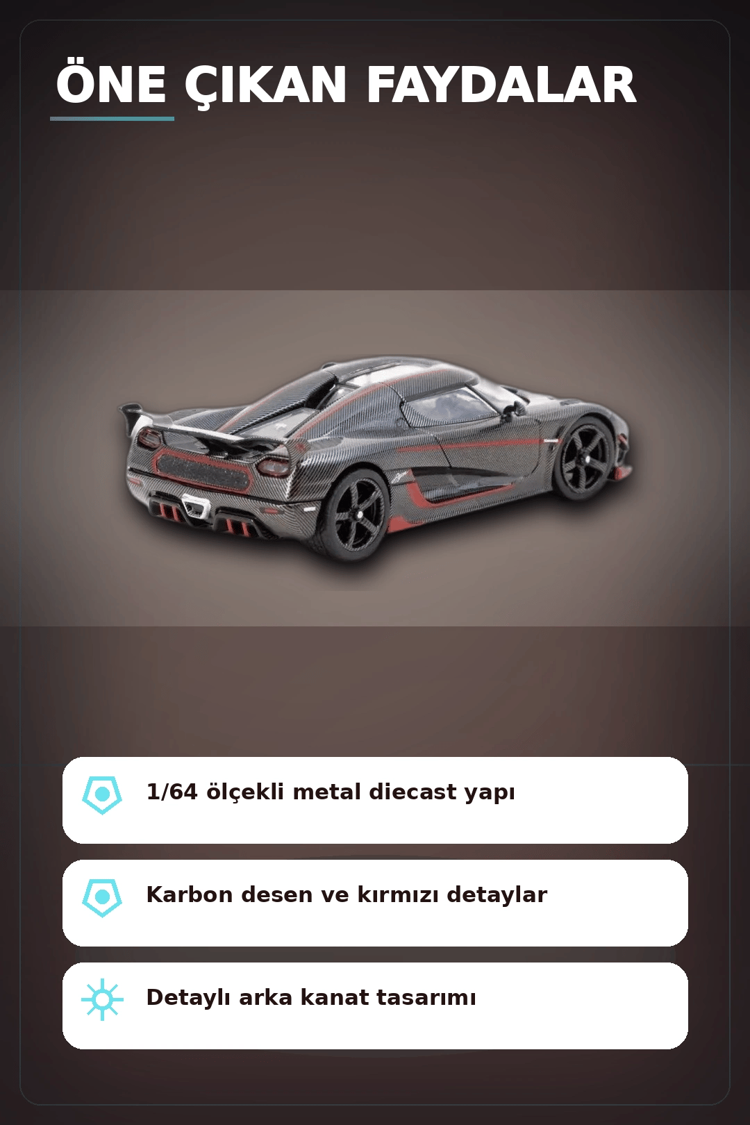 1/64 Siyah Karbon Fiber Kırmızı Detaylı Koenigsegg Agera RS Diecast Model Araba BX-313337