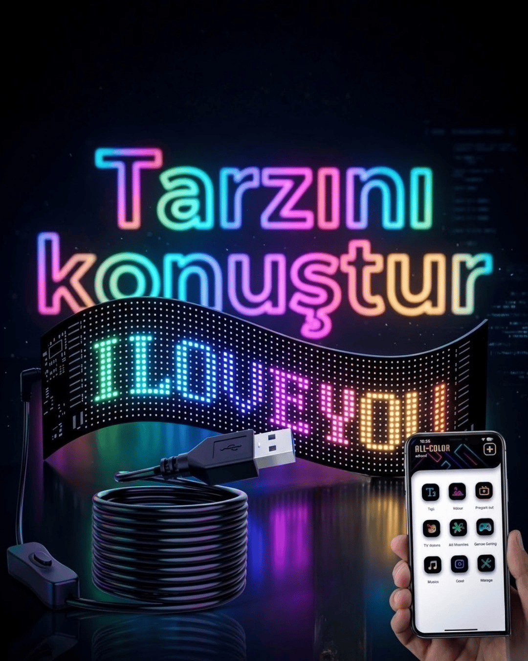 16x96 LED Yazı Paneli 60 cm Esnek RGB Işıklı Programlanabilir Ekran