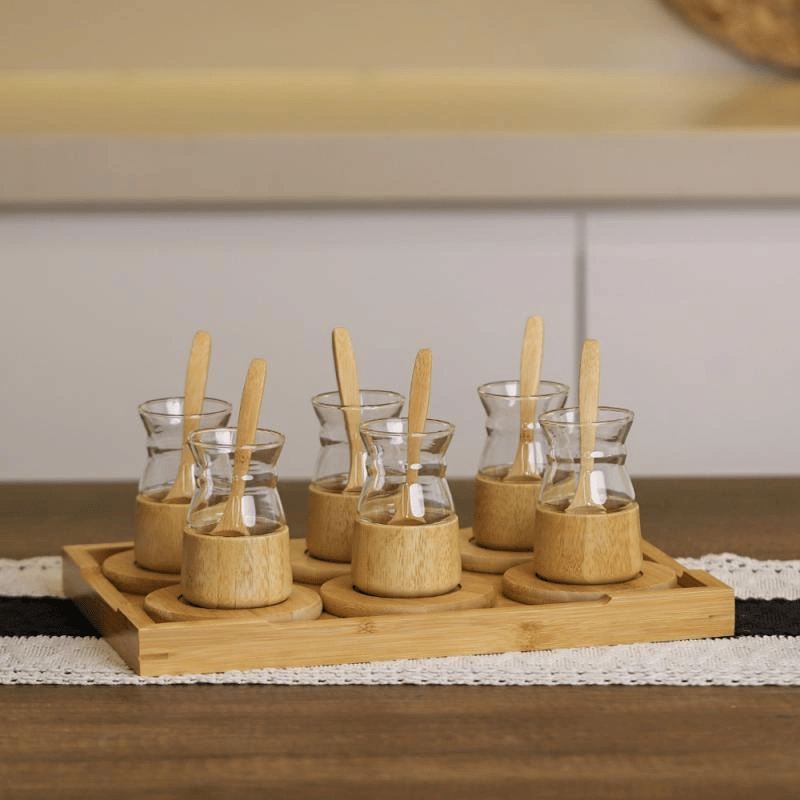 18 Parça Bambu Çay Seti - 6 Çay Bardağı - Borosilikat Cam
