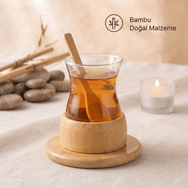 18 Parça Bambu Çay Seti - 6 Çay Bardağı - Borosilikat Cam
