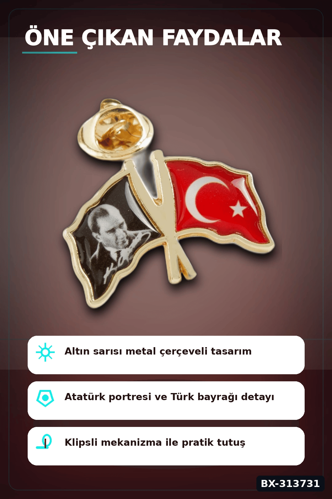 2 cm Metal Atatürk Ay Yıldız Yaka Rozeti - Tekli Paket, Günlük Kullanıma Uygun BX-313731