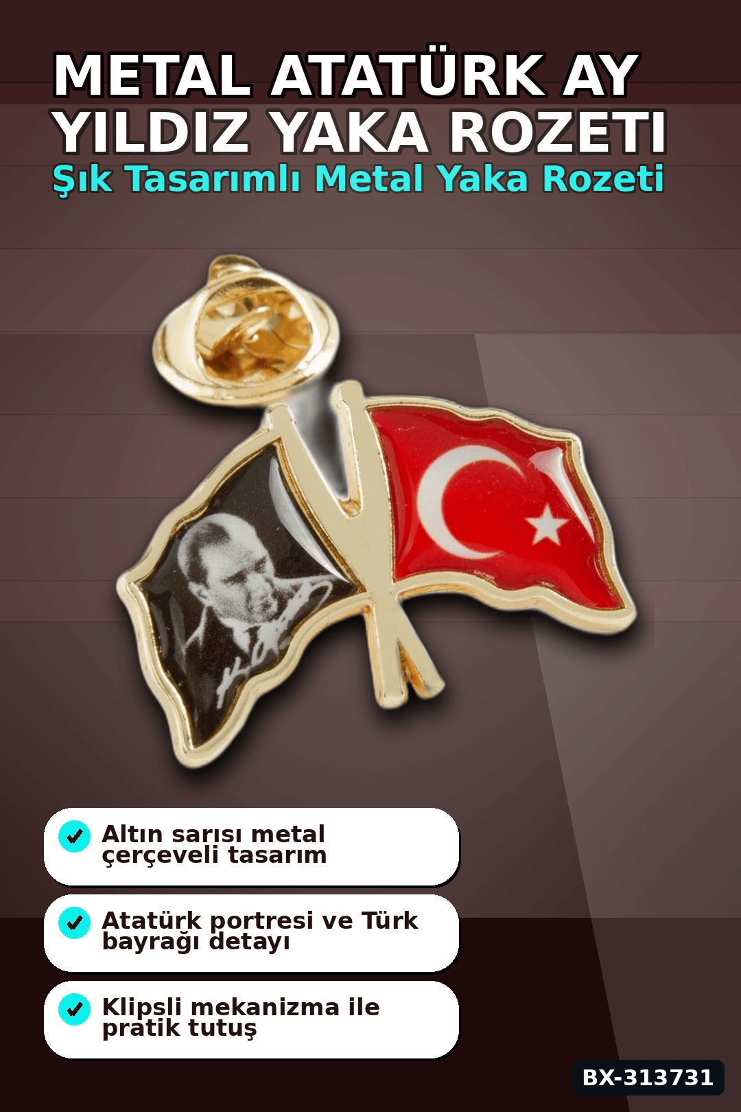 2 cm Metal Atatürk Ay Yıldız Yaka Rozeti - Tekli Paket, Günlük Kullanıma Uygun BX-313731
