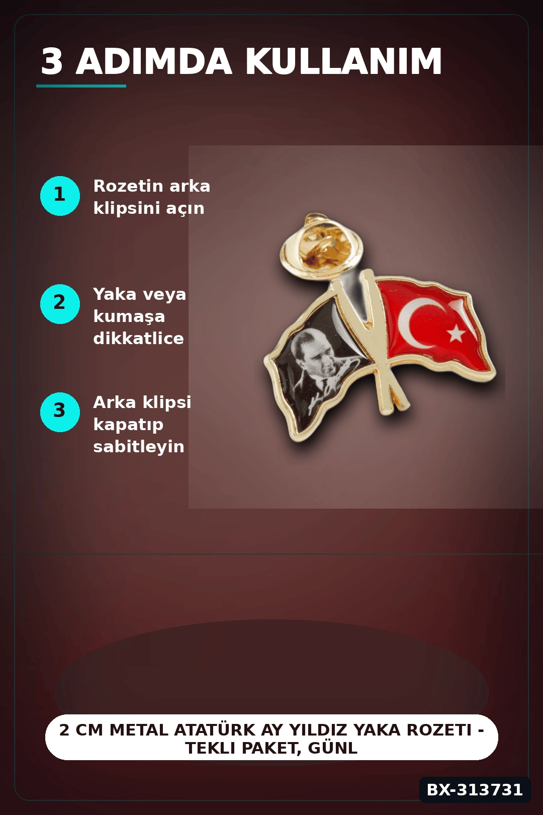2 cm Metal Atatürk Ay Yıldız Yaka Rozeti - Tekli Paket, Günlük Kullanıma Uygun BX-313731