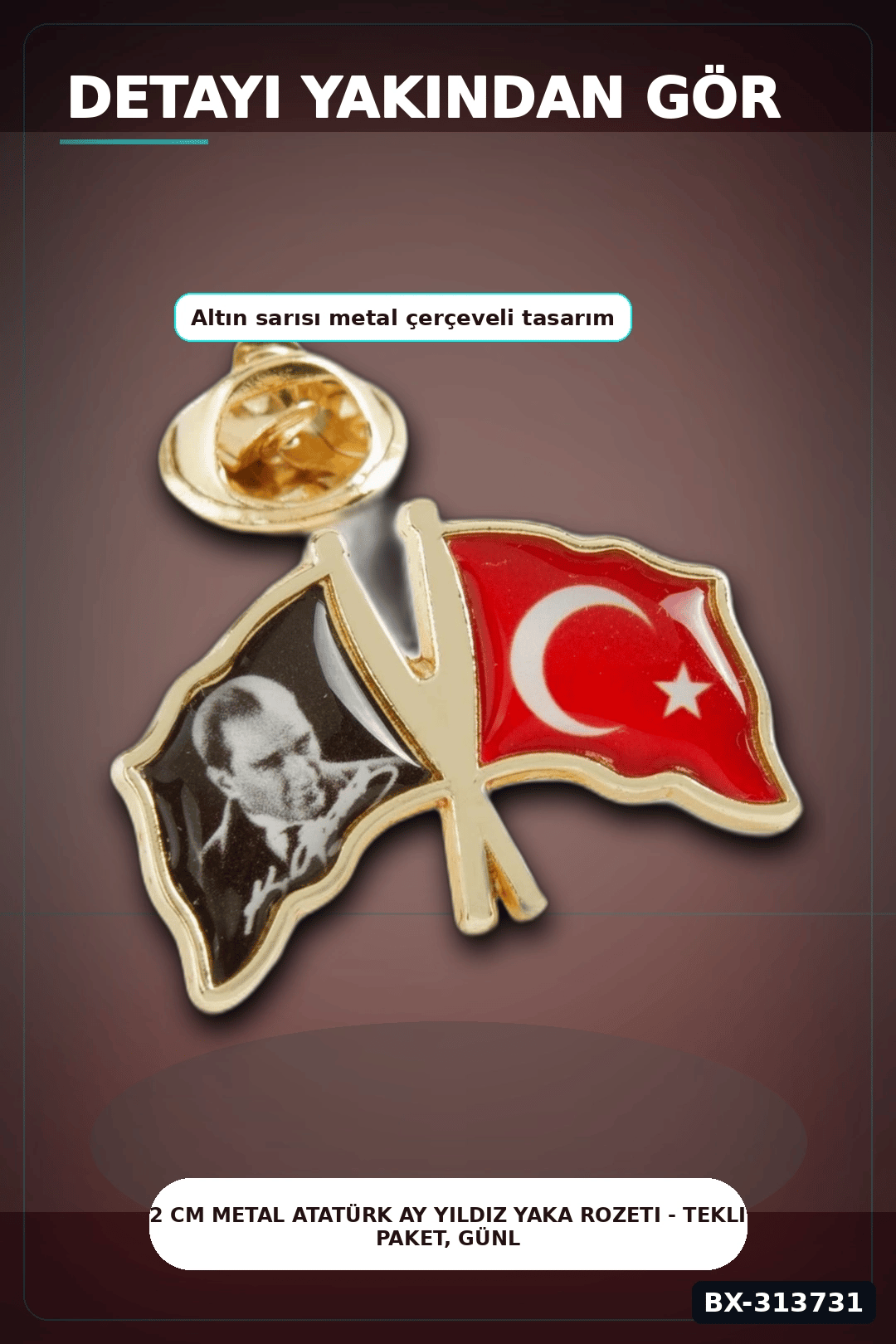 2 cm Metal Atatürk Ay Yıldız Yaka Rozeti - Tekli Paket, Günlük Kullanıma Uygun BX-313731