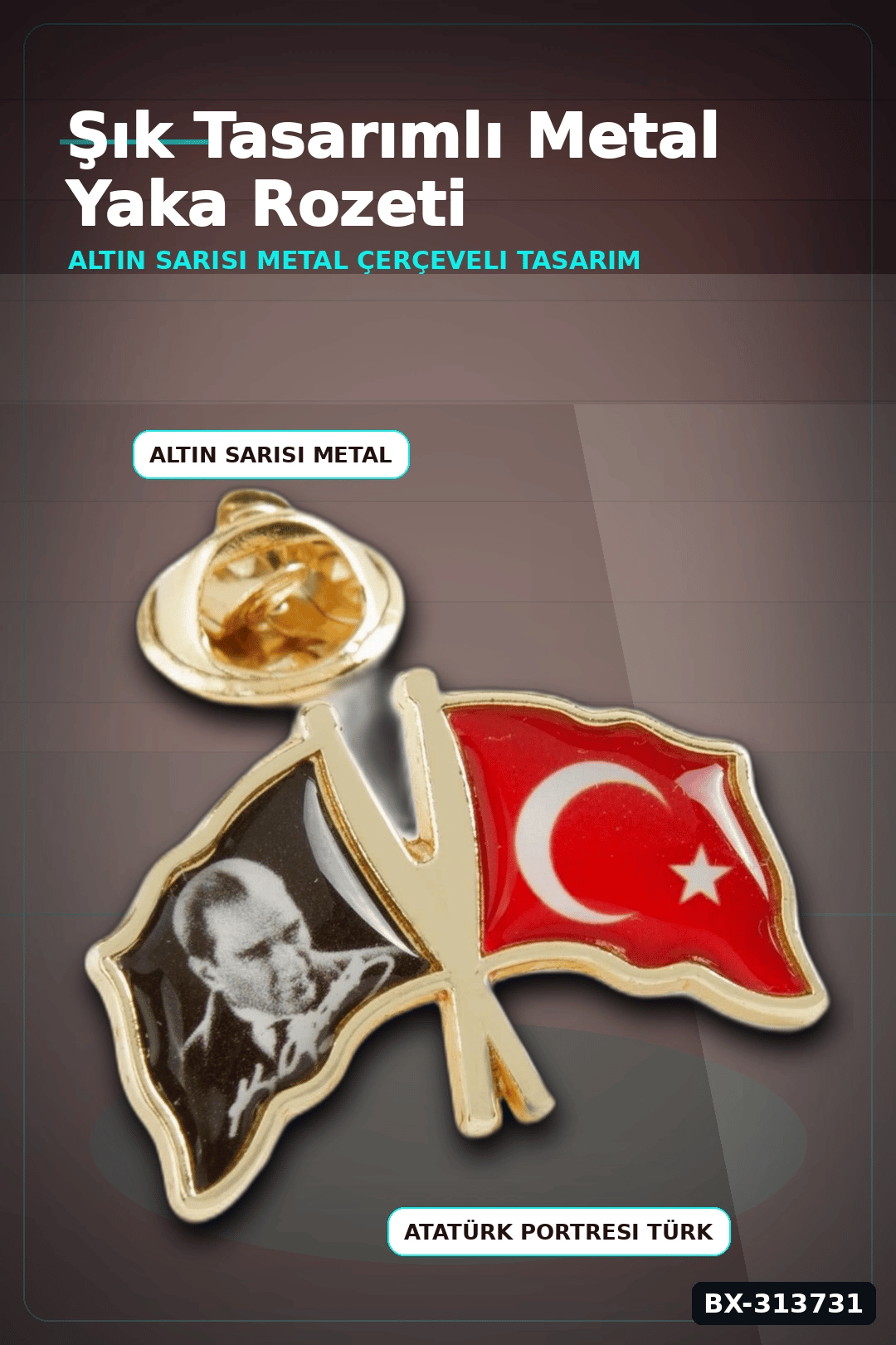 2 cm Metal Atatürk Ay Yıldız Yaka Rozeti - Tekli Paket, Günlük Kullanıma Uygun BX-313731
