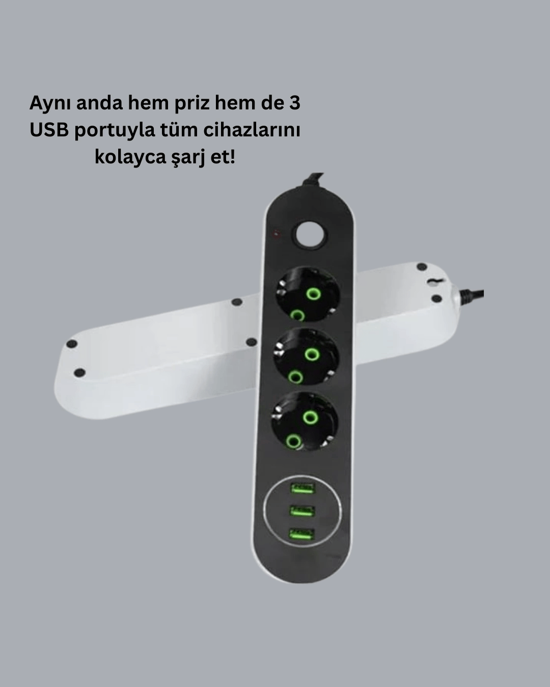 2 Metre Kablolu 3 USB Portlu Anahtarlı Üçlü Priz