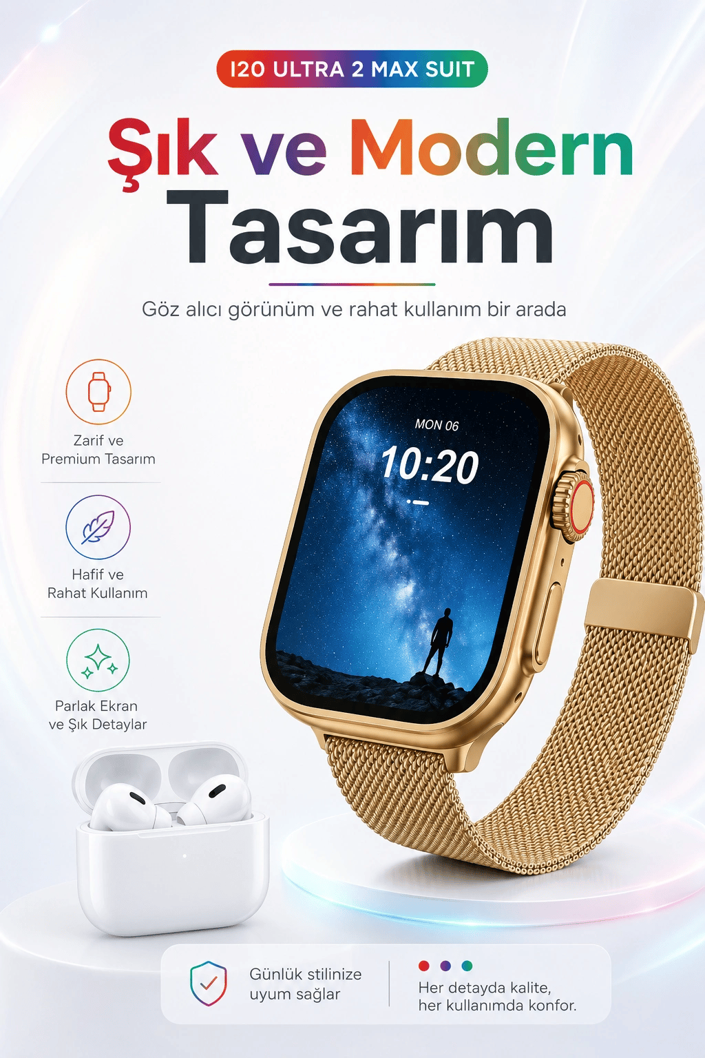 2.3 İnç Geniş Ekranlı Akıllı Saat Ve Kablosuz Kulaklık 10 Parça Aksesuar Seti