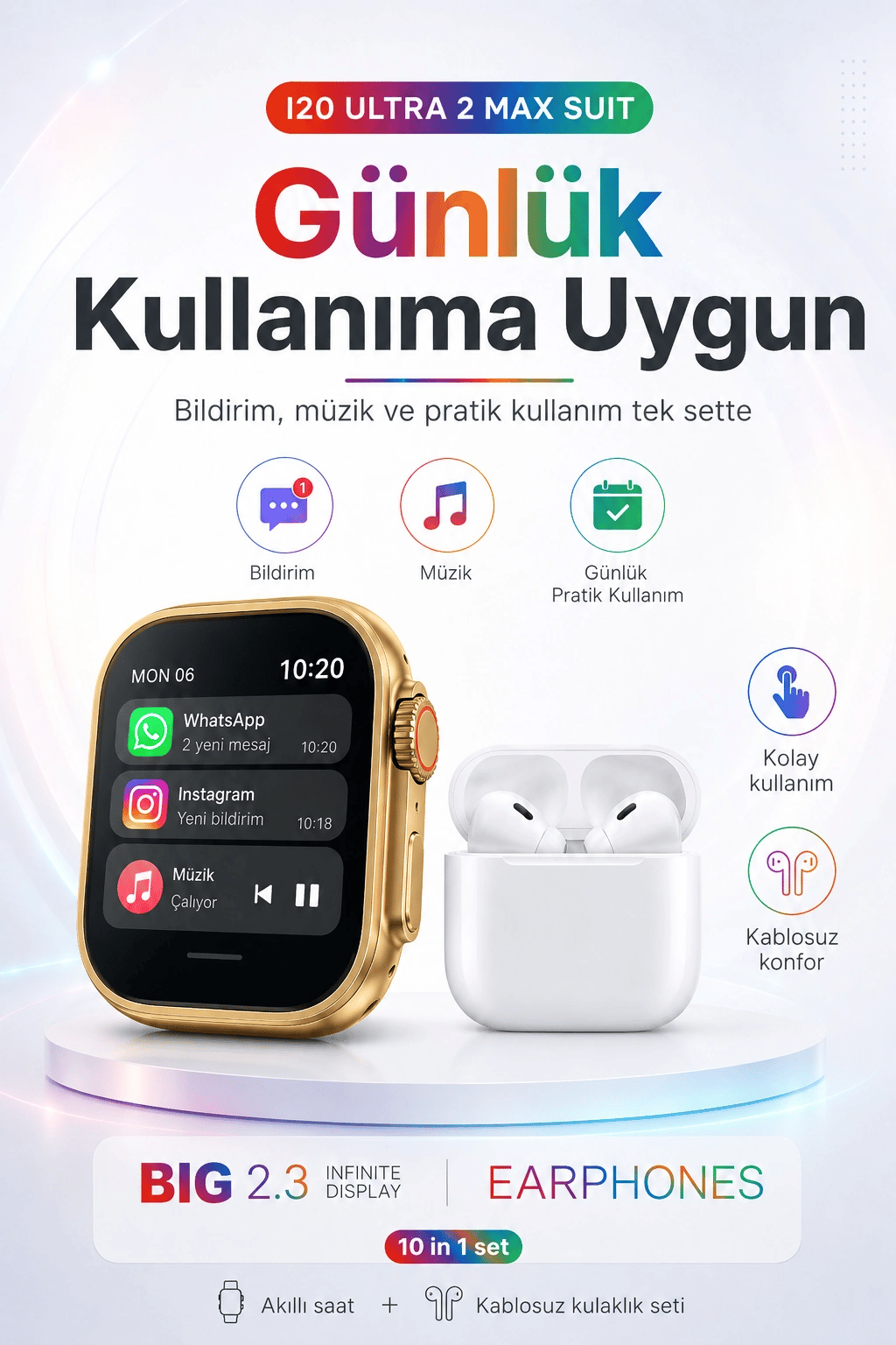 2.3 İnç Geniş Ekranlı Akıllı Saat Ve Kablosuz Kulaklık 10 Parça Aksesuar Seti