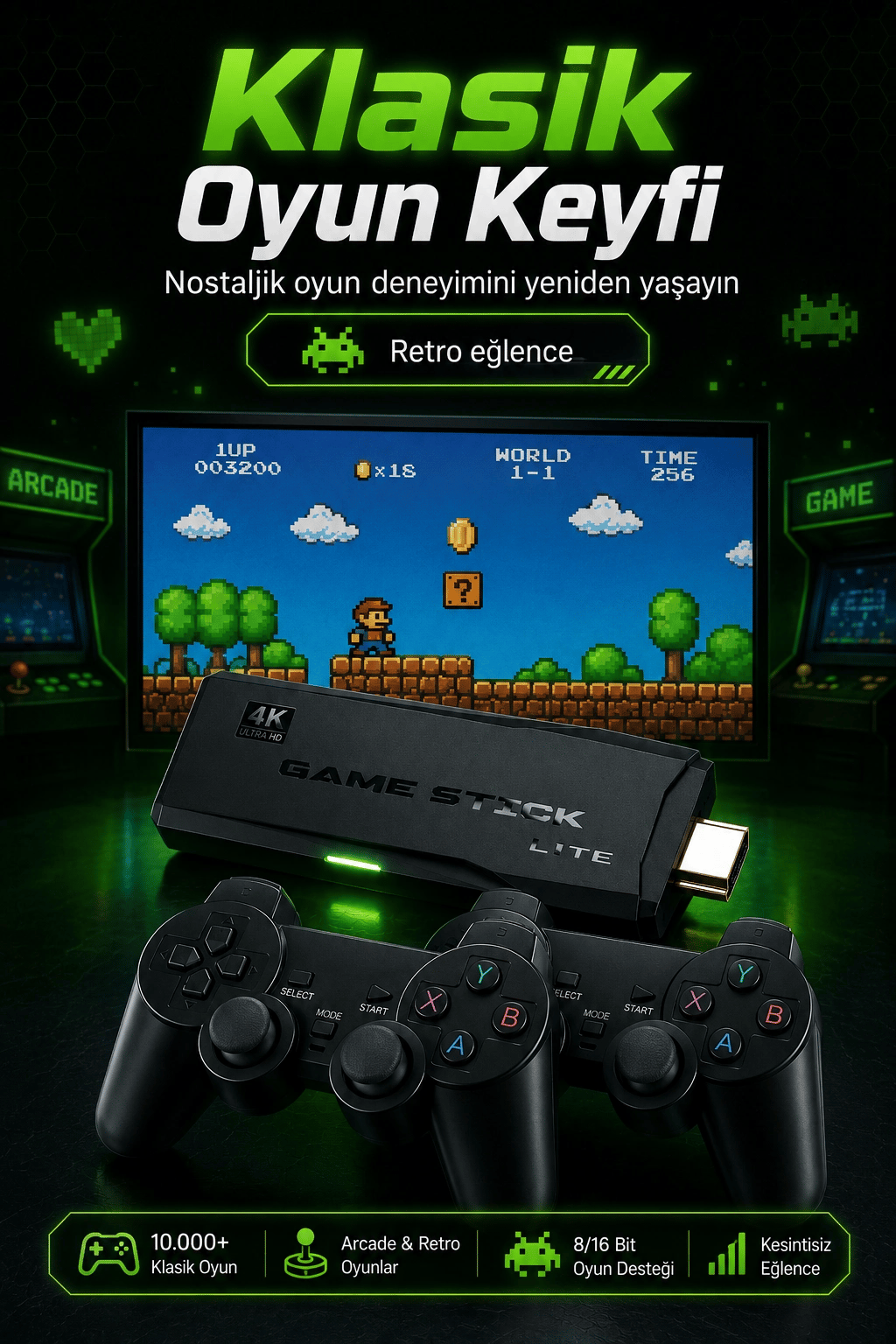 2.4G Kablosuz Oyun Konsolu HDMI TV Bağlantılı Çift Kollu Klasik Oyun Seti