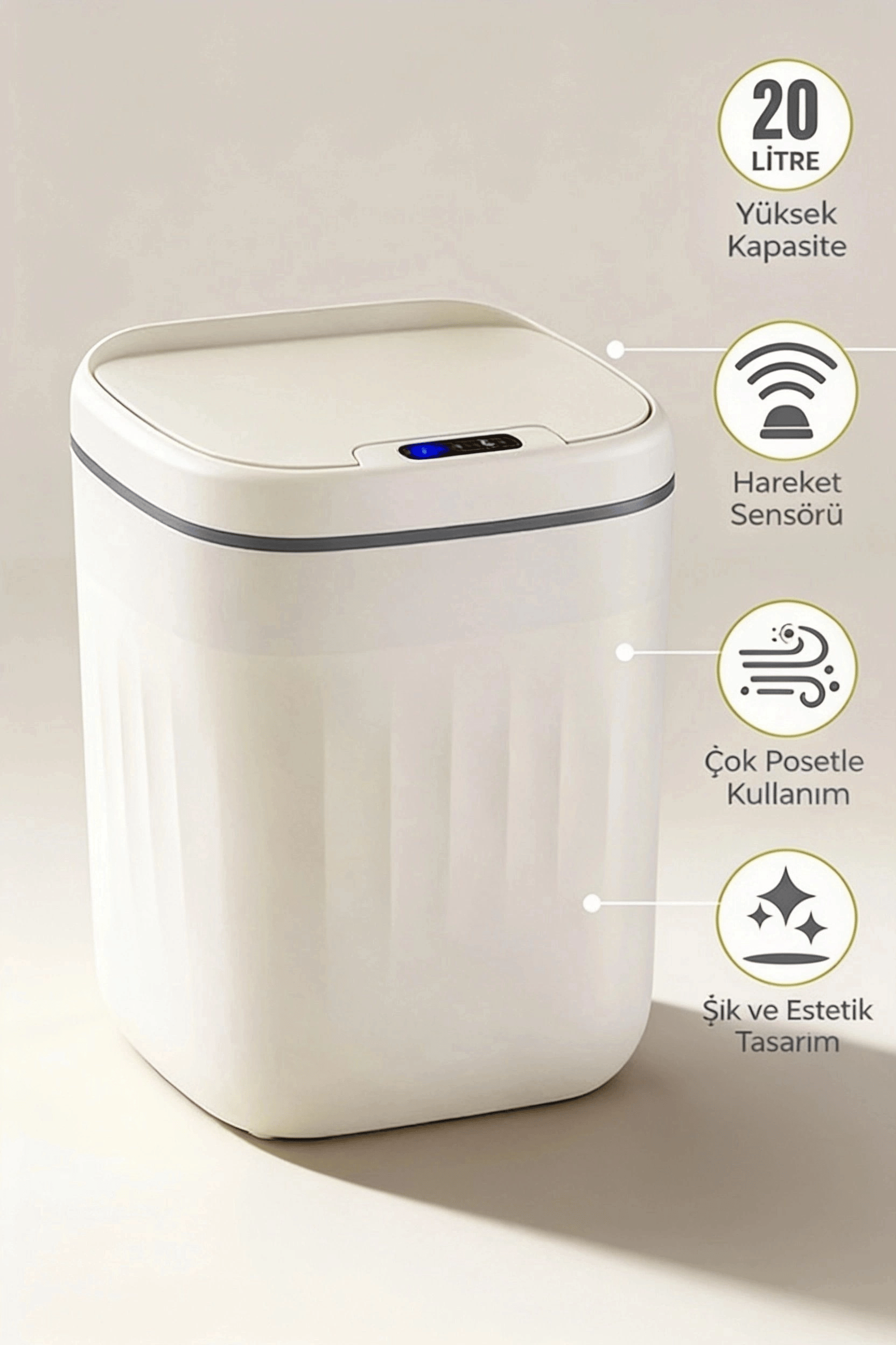 20 Litre Hareket Sensörlü Akıllı Çöp Kovası Beyaz