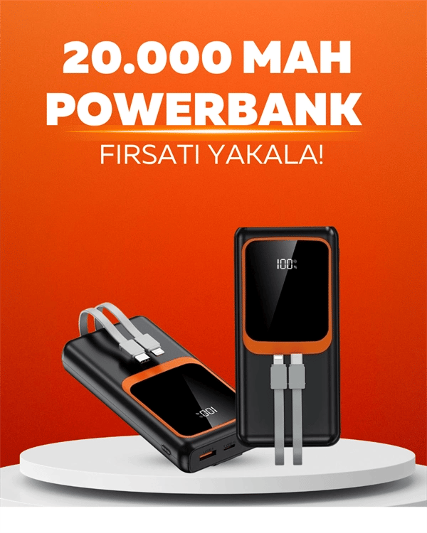 20.000 mAh Powerbank – 22.5W Hızlı Şarj, Çok Kablolu, Dijital Göstergeli