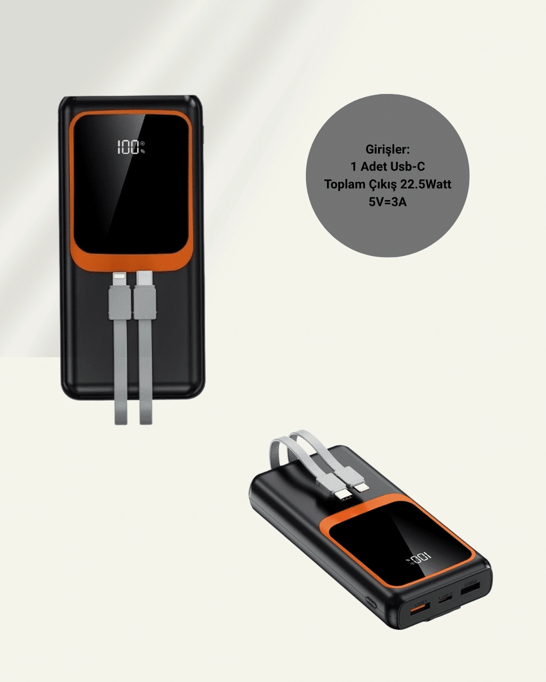 20000 mAh Powerbank | Çok Kablolu, Dijital Göstergeli, Yüksek Hızlı Şarj Cihazı