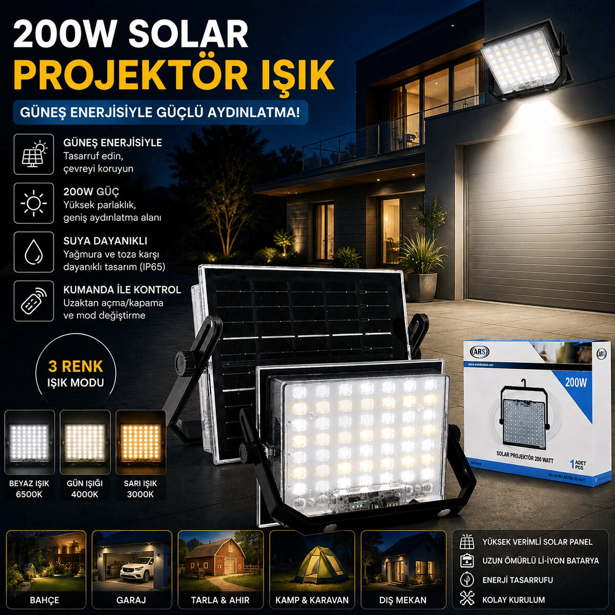 200w Güneş Enerjili Led Işık Solar Projektör - Fener Kamp - Dış Mekan 3 Farklı Led Işık 348961 Lmb Bx40
