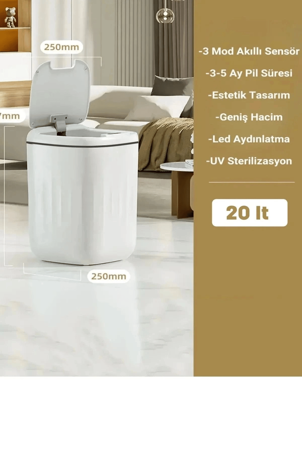 20L Büyük Boy Akıllı Çöp Kovası Sensörlü Antibakteriyel UV Işıklı Ev Mutfak Ofis