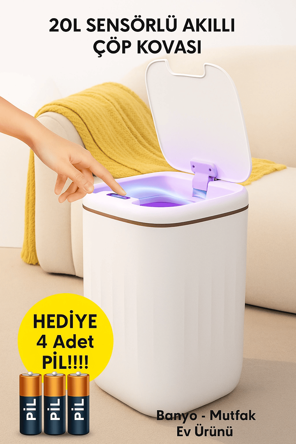 20L Sensörlü Akıllı Antibakteriyel Çöp Kovası Otomatik Kapaklı, Banyo Mutfak 4 Pil Yanında