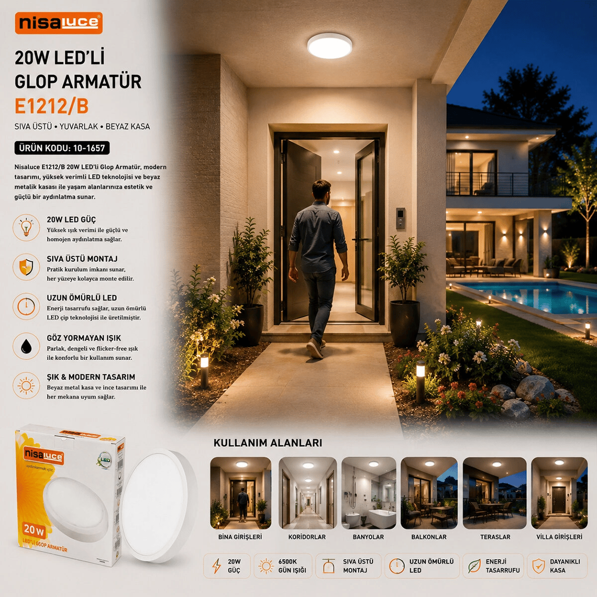 20w Beyaz Metal Kasa Sıva Üstü Yuvarlak Ledli Glop Armatür Ip20 6500k - 1800lm E1212/b Bx40