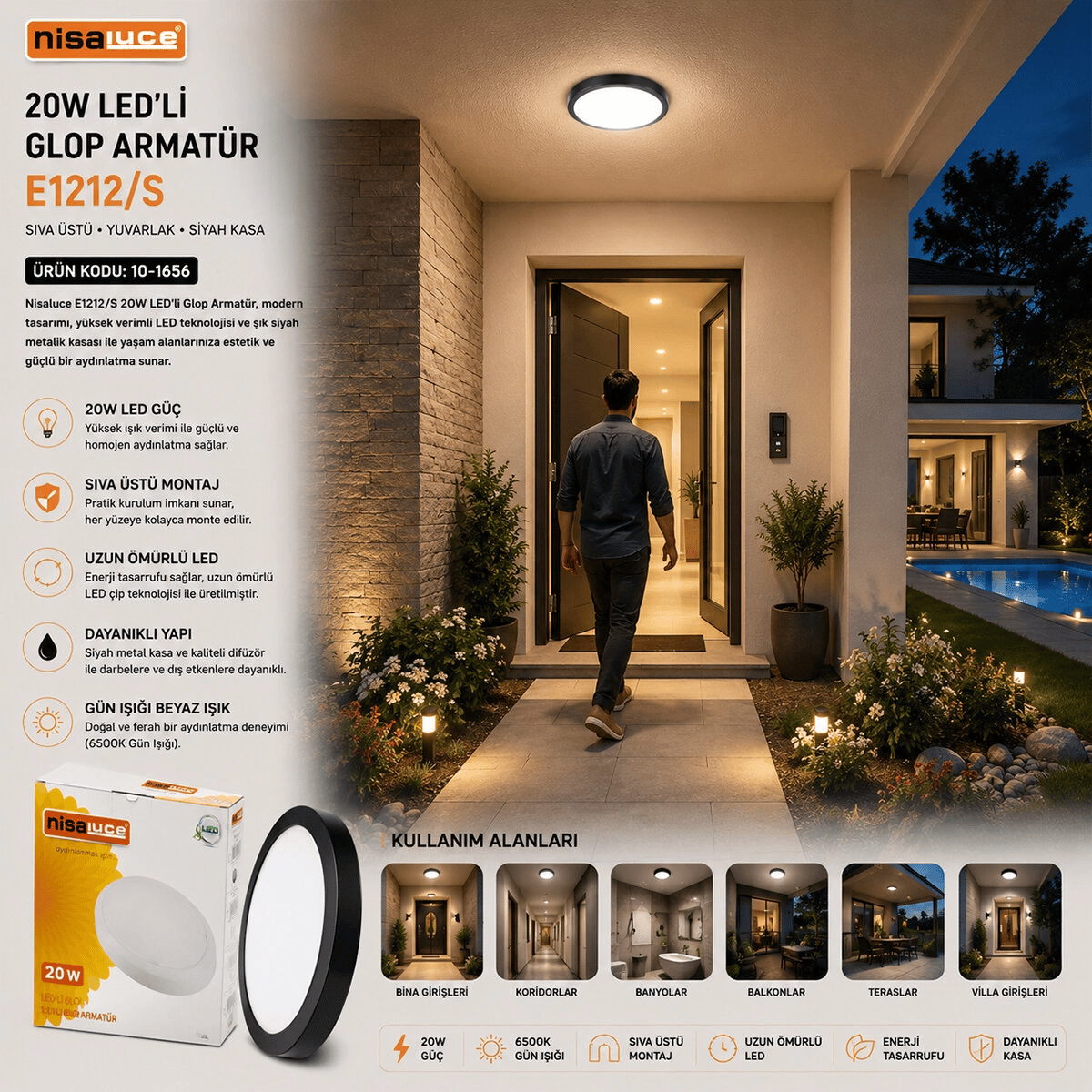 20w Siyah Metal Kasa Sıva Üstü Yuvarlak Ledli Glop Armatür Ip20 6500k - 1800lm E1212/s Bx40