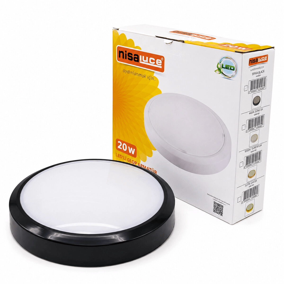 20w Siyah Metal Kasa Sıva Üstü Yuvarlak Ledli Glop Armatür Ip20 6500k - 1800lm E1212/s Bx40