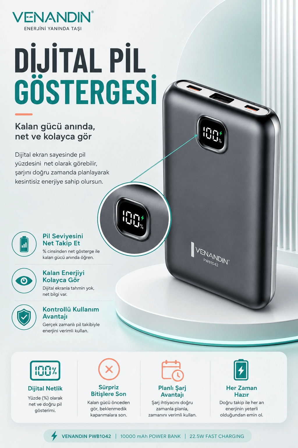 22.5W Hızlı Şarj Özellikli 10000 mAh Kapasiteli Kompakt Powerbank