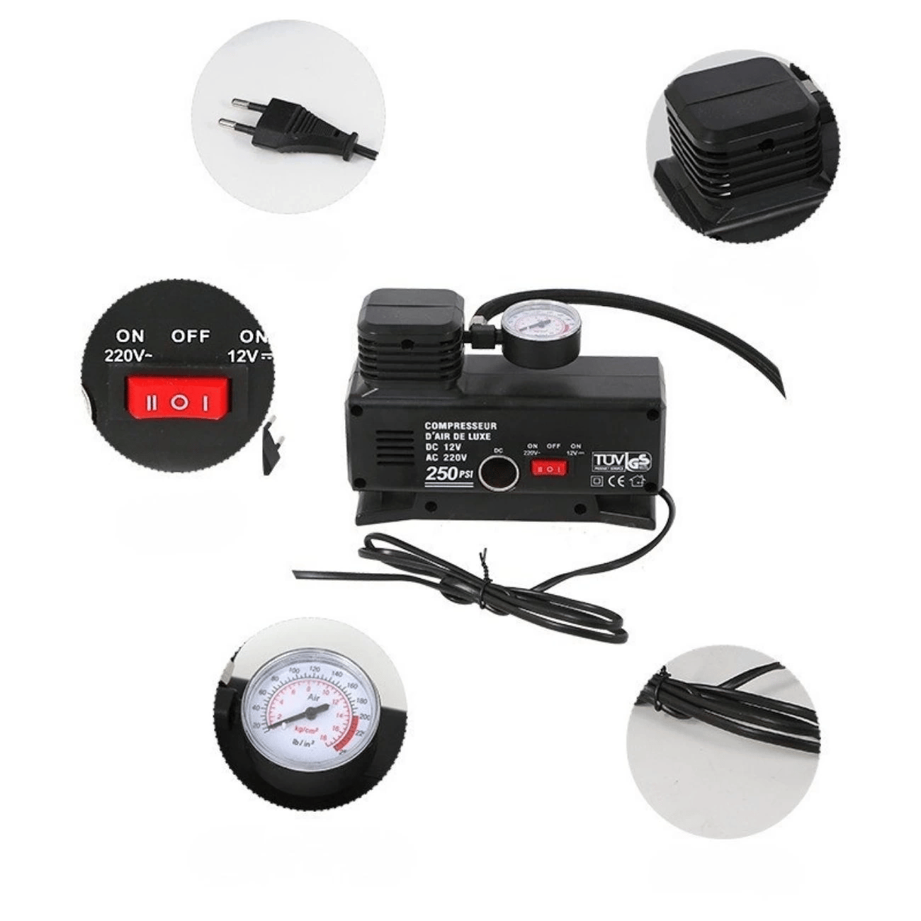 220 Volt-12 Volt 250 Psi Psi Kompresör Lastik Hava Şişirme Oto Pompası Fişli Çakmaklıklı