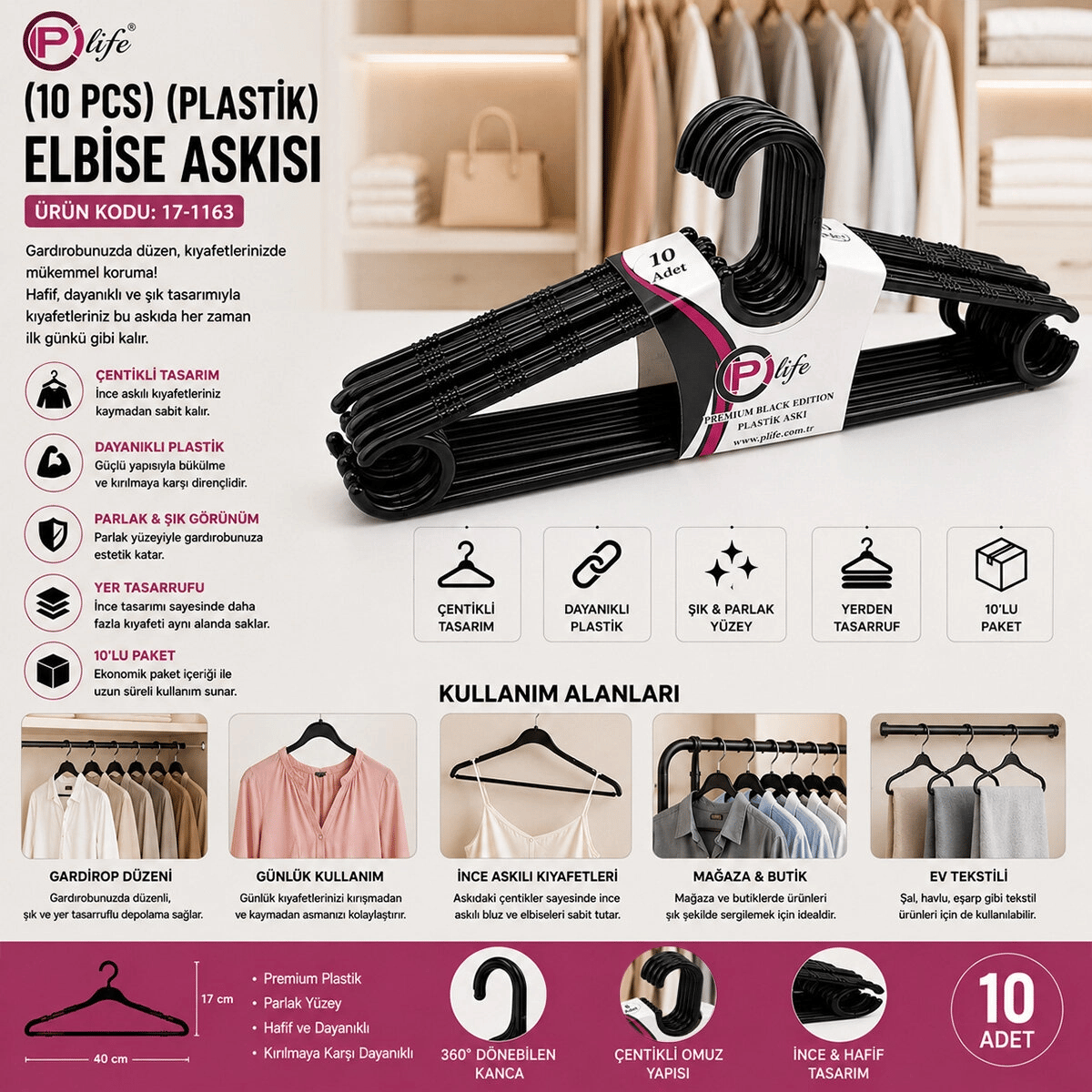 240 Adet Siyah Elbise Askısı Plastik 24x10pcs Bx40