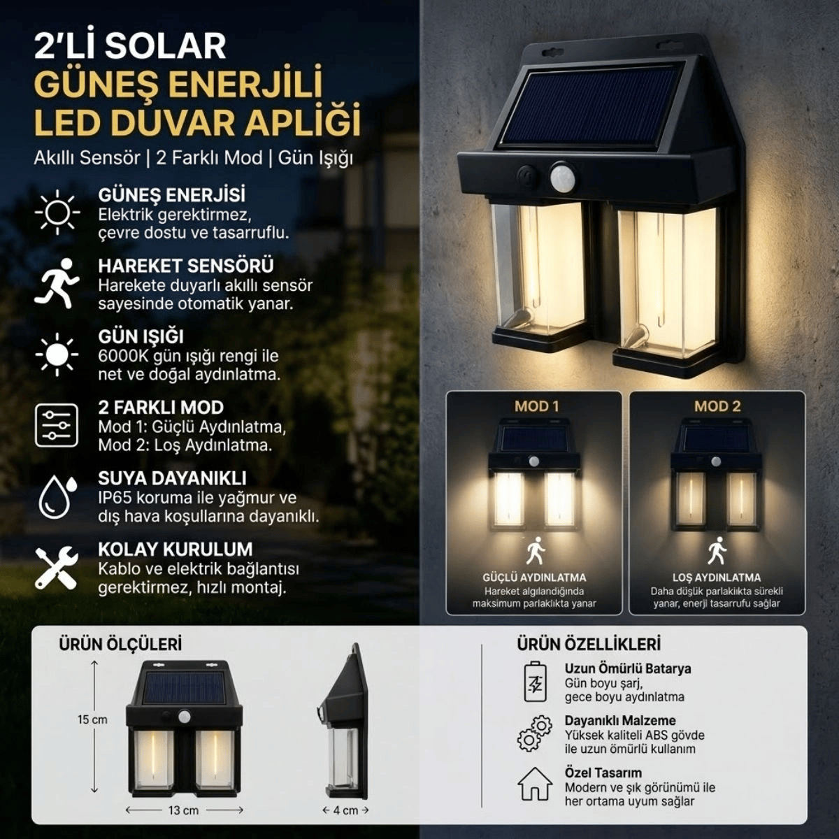 2'li Solar Güneş Enerjili Led Duvar Apliği, Hareket Sensörlü, Şarjlı, Kablosuz Dış Mekân Bahçe Ve Kapı Lambası Bx40