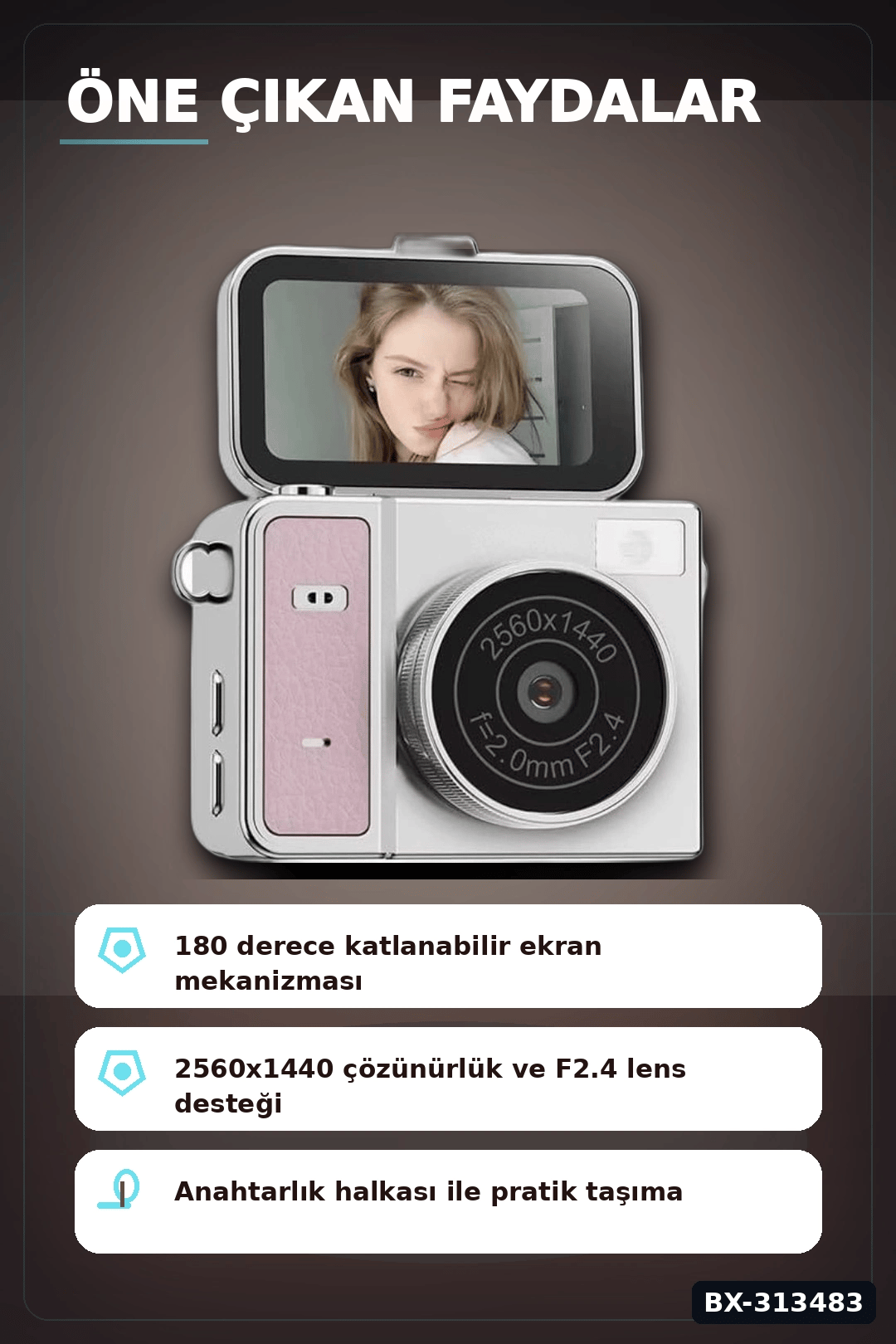 2K 1.47 İps Ekranlı 180 Derece Katlanabilir Mini Vlog Kamerası - Anahtarlık Boy BX-313483