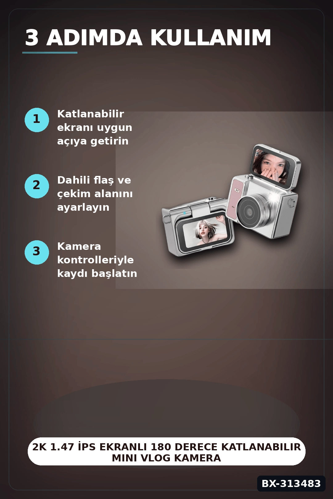 2K 1.47 İps Ekranlı 180 Derece Katlanabilir Mini Vlog Kamerası - Anahtarlık Boy BX-313483