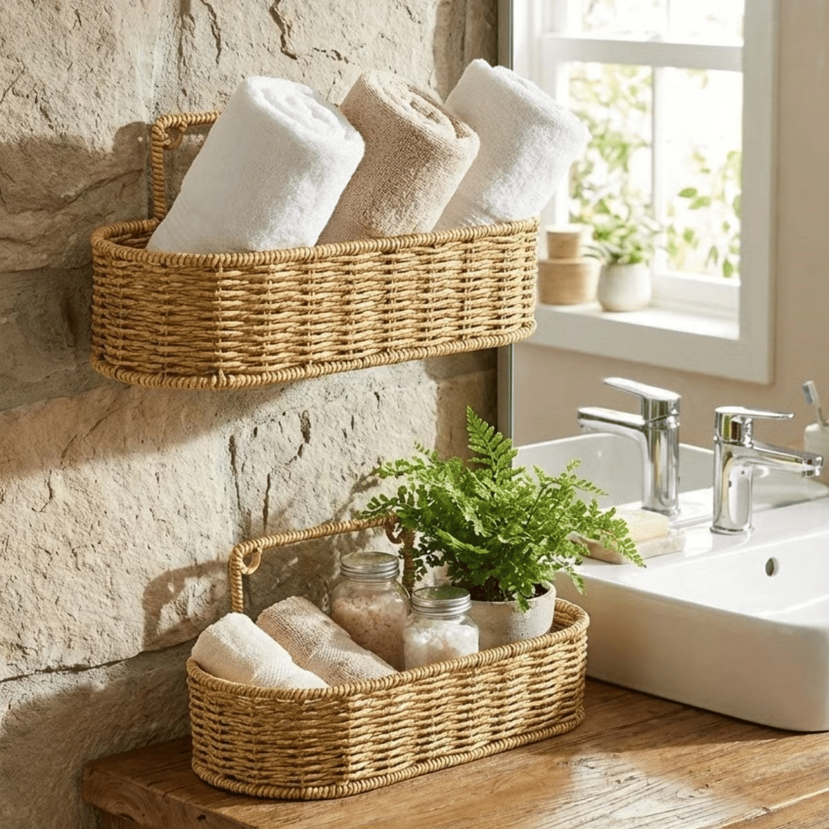 2’li Duvar Askılı Plastik Rattan Organizer – Oval Hasır Görünümlü Mutfak Raf Sepeti, Banyo Ve Ev İçi Düzenleme Ünitesi Bx40