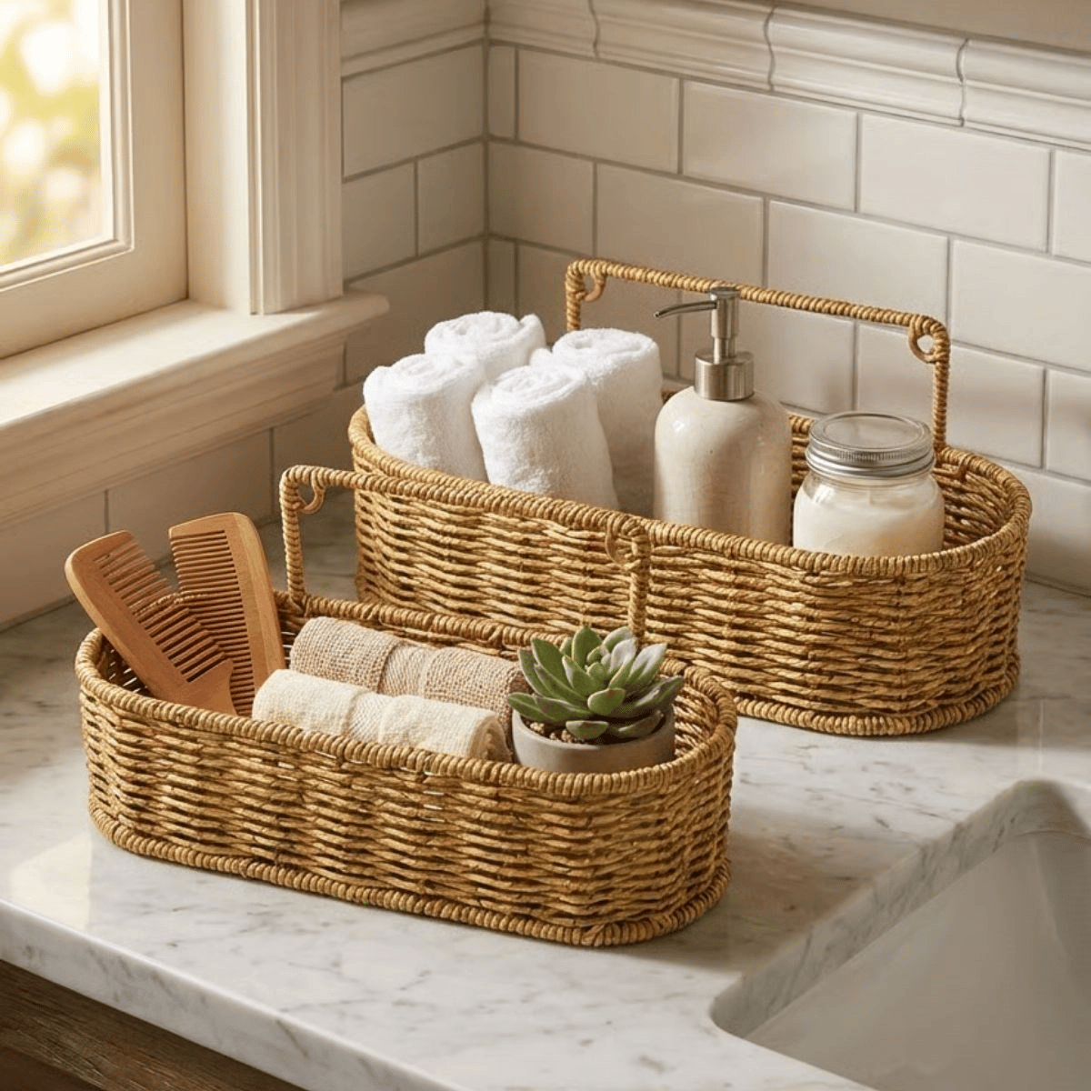 2’li Duvar Askılı Plastik Rattan Organizer – Oval Hasır Görünümlü Mutfak Raf Sepeti, Banyo Ve Ev İçi Düzenleme Ünitesi Bx40