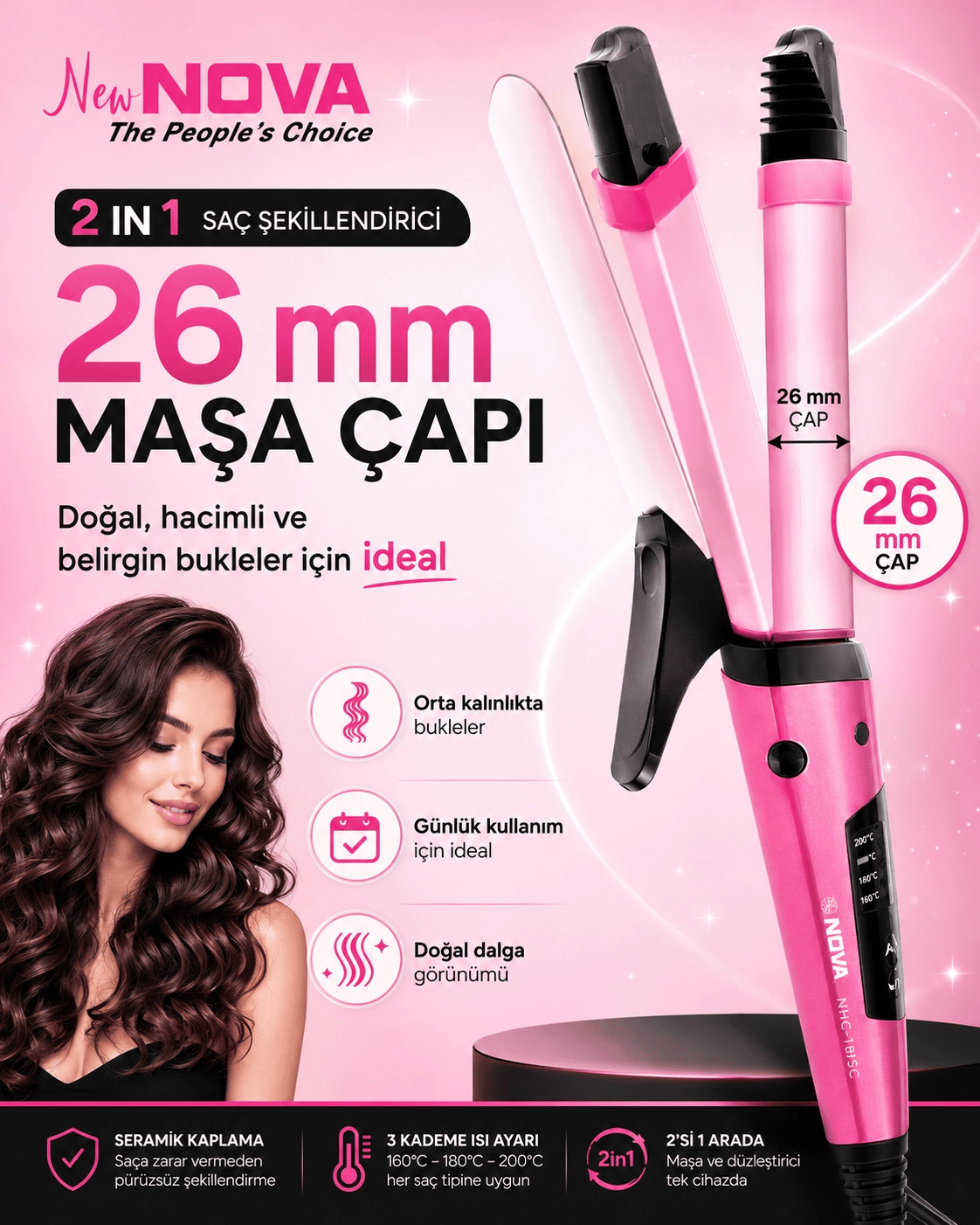 2’si 1 Arada Saç Düzleştirici ve Bukle Yapıcı Seramik Plakalı Saç Şekillendirici