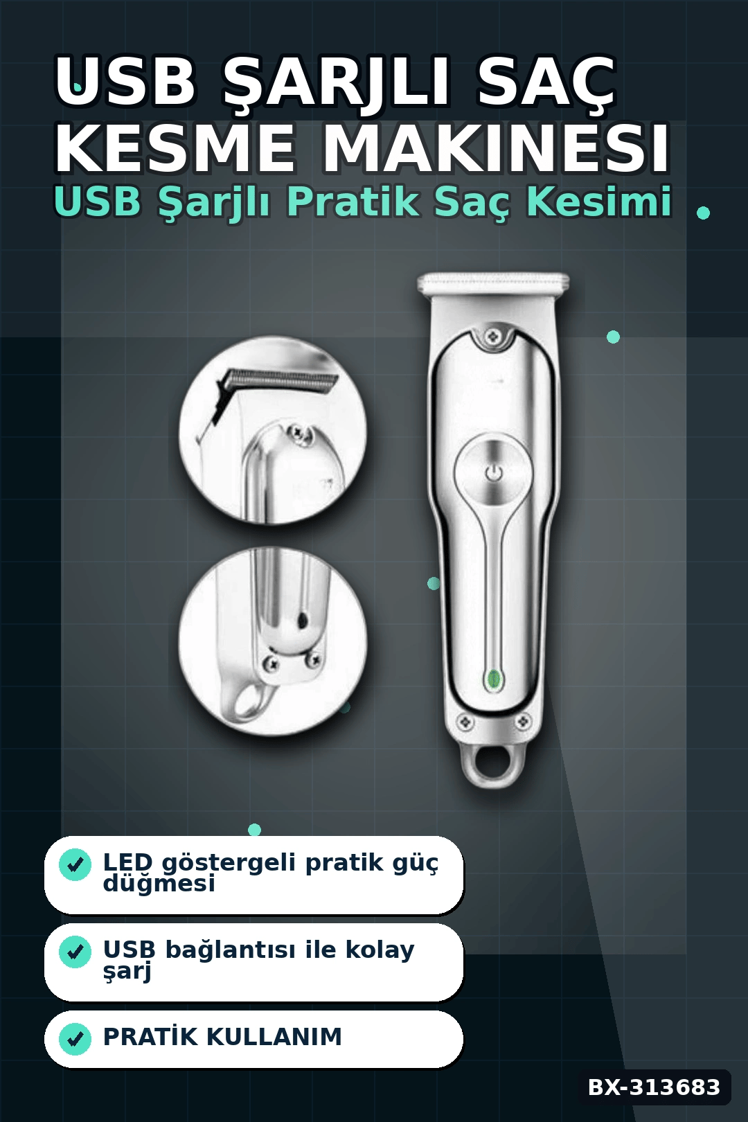 3 Ayarlı Kılavuz Taraklı 120 Dakika Çalışan USB Şarjlı Saç Kesme Makinesi BX-313683