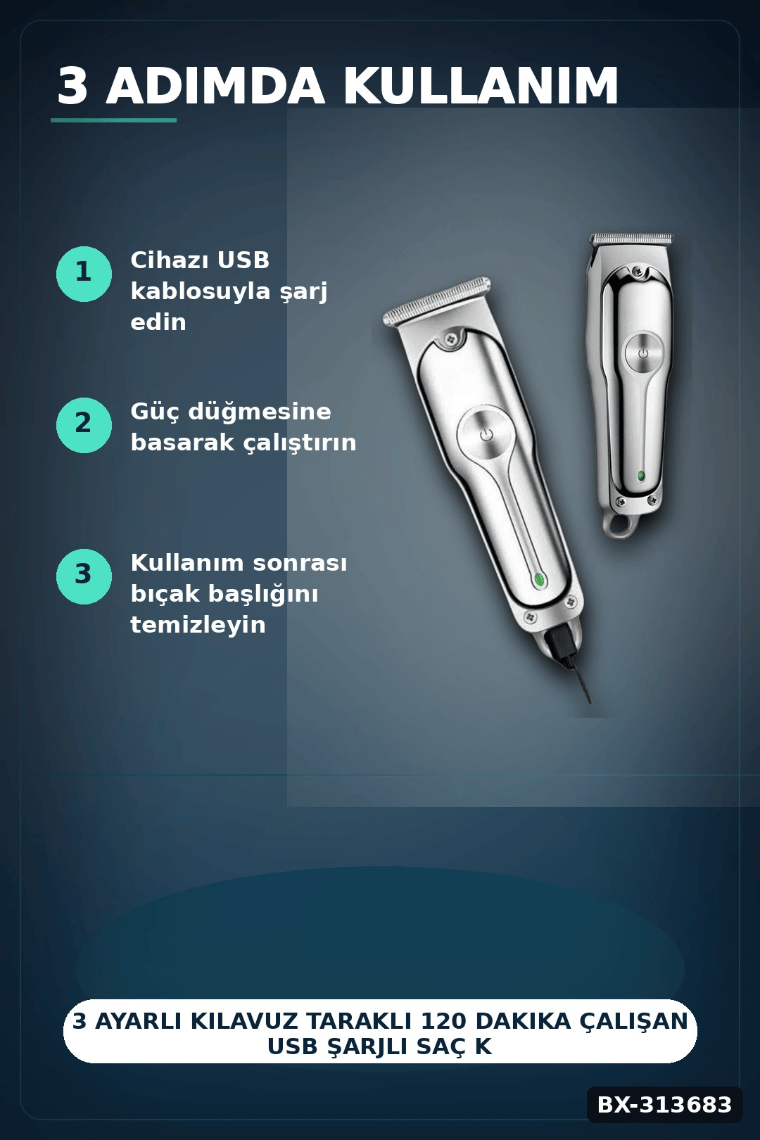 3 Ayarlı Kılavuz Taraklı 120 Dakika Çalışan USB Şarjlı Saç Kesme Makinesi BX-313683