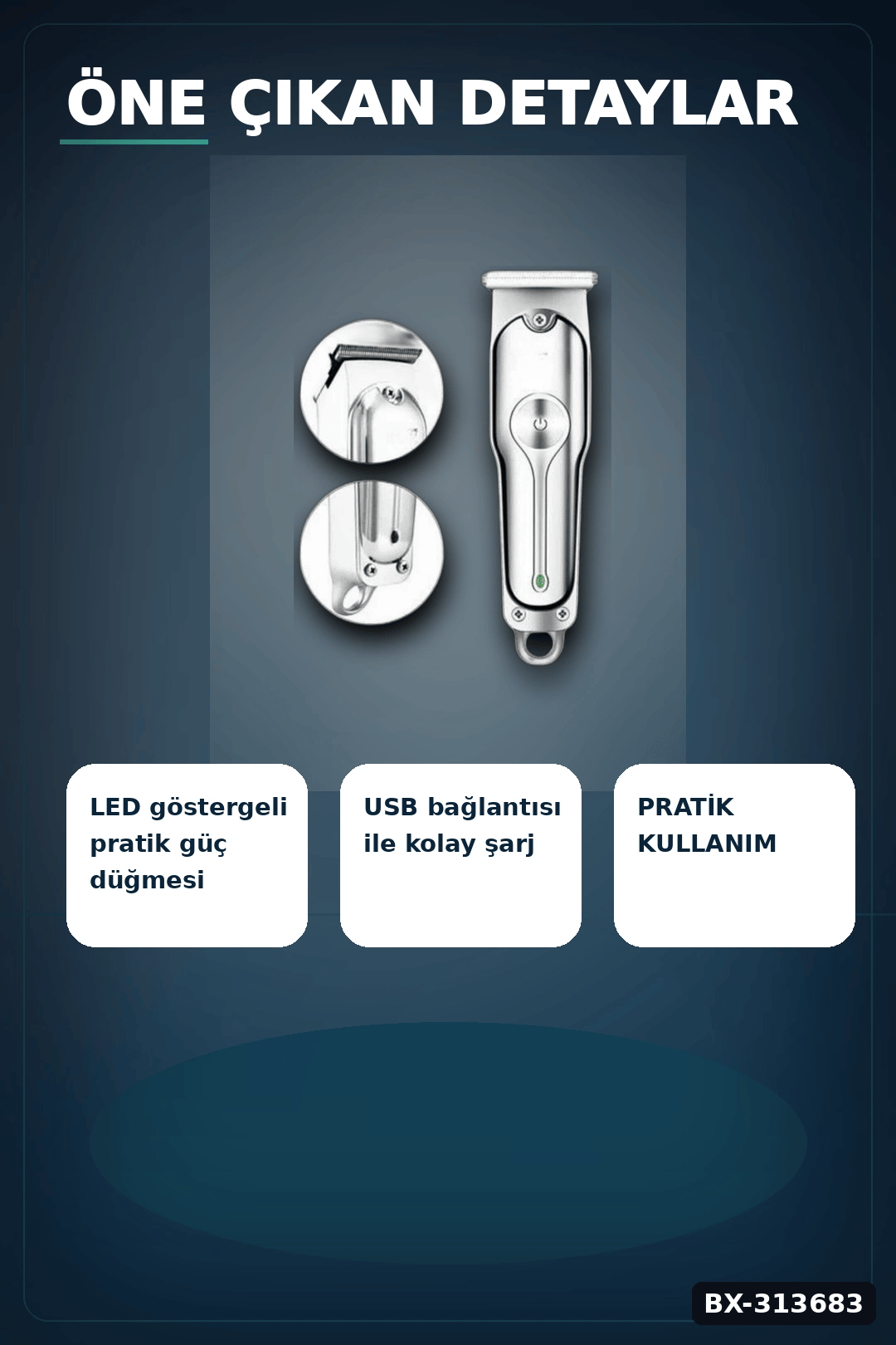 3 Ayarlı Kılavuz Taraklı 120 Dakika Çalışan USB Şarjlı Saç Kesme Makinesi BX-313683